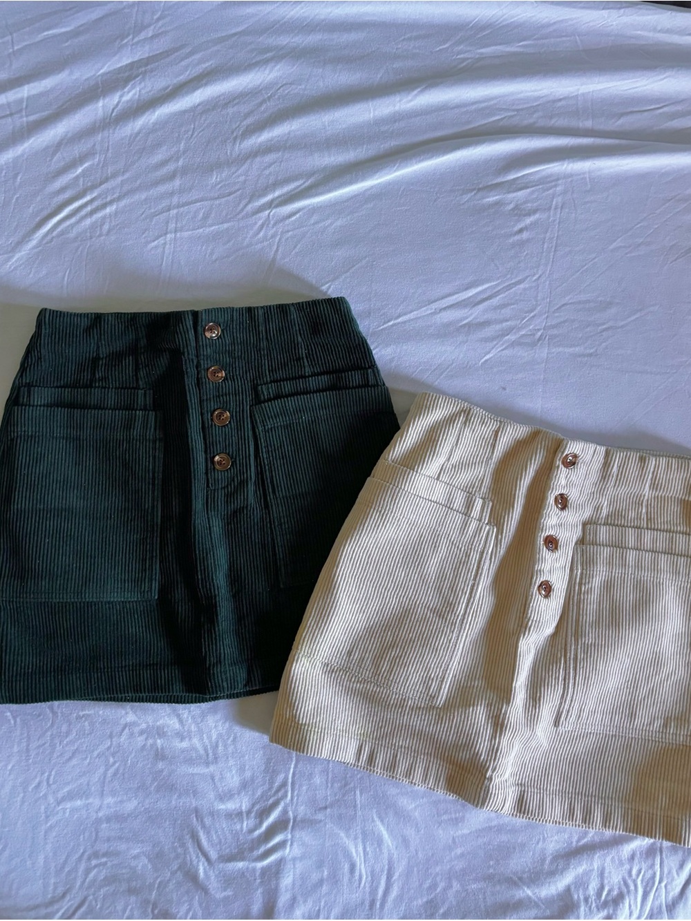 Button-Front Corduroy Mini Skirt in Dark Green and Cream